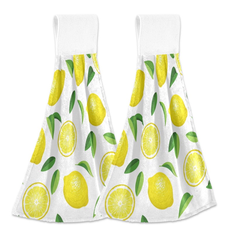 Aslsiy Summer Fresh Lemons Hanging Kitchen Towels Yellow Lime Orange Slices Fruit Leaves Bathroom Hand Tie Towel Fast Drying Dish Tea Towels for Bath Tabletop Gym Home Decor Set of 2 - Image 1