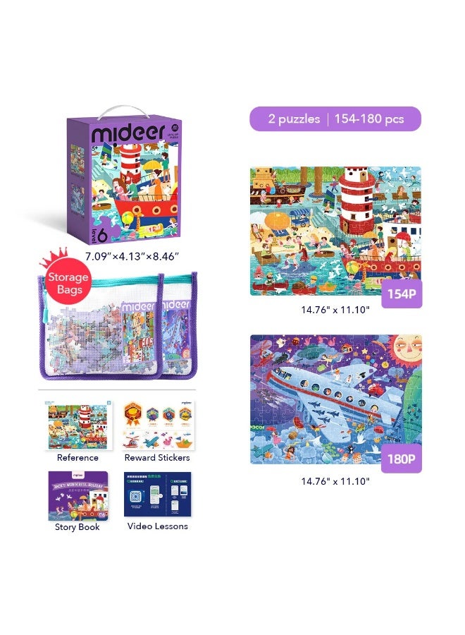 MiDeer Level Up Relaxing Holiday Puzzle Set with Storage Bag Level 6, 2 Progressive Jigsaw Puzzles for Kids 5+, 154-180 Piece Educational Travel Adventure Puzzle Game for Cognitive Development - Image 1