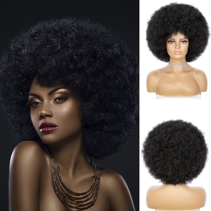 JSDshine Soft Afro Wig 70s For Women Kinky Curly Hair Wigs With Bangs Natural Looking Short Curly Wig For Men Bouncy Black Puff Synthetic Hair Wig For Daily Party Use - Image 1