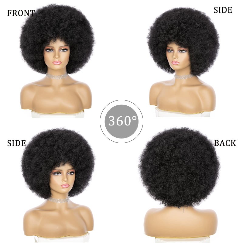 JSDshine Soft Afro Wig 70s For Women Kinky Curly Hair Wigs With Bangs Natural Looking Short Curly Wig For Men Bouncy Black Puff Synthetic Hair Wig For Daily Party Use - Image 2