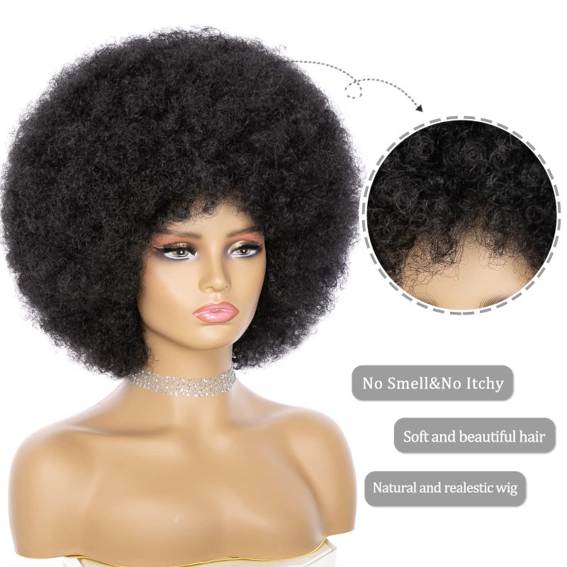 JSDshine Soft Afro Wig 70s For Women Kinky Curly Hair Wigs With Bangs Natural Looking Short Curly Wig For Men Bouncy Black Puff Synthetic Hair Wig For Daily Party Use - Image 3