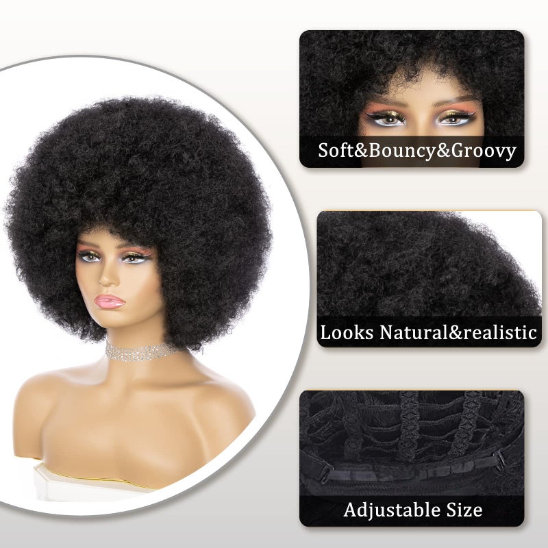 JSDshine Soft Afro Wig 70s For Women Kinky Curly Hair Wigs With Bangs Natural Looking Short Curly Wig For Men Bouncy Black Puff Synthetic Hair Wig For Daily Party Use - Image 4