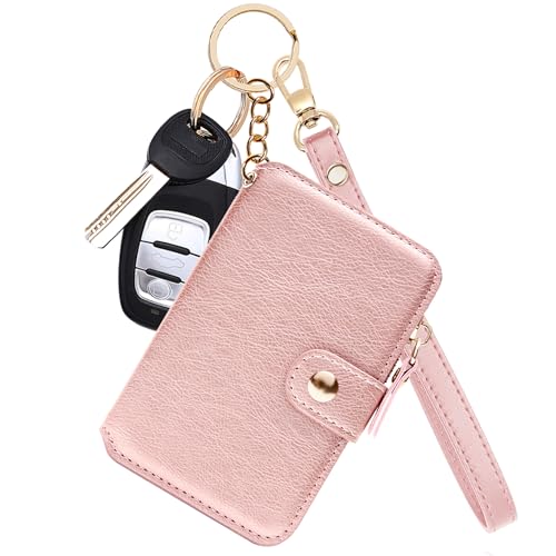 M-Plateau Card Holder, Womens Wallet PU Leather Keychain Wallet Wristlet With Zipper Coin Pocket And ID Window Gift For Women Gift Box (Pink) - Image 1