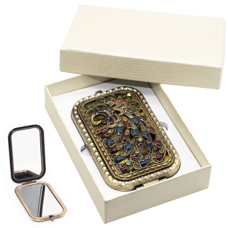 Warmtree Vintage Makeup Mirror Metal Portable Foldable Mirror Peacock Vanity Mirror Double Sided Compact Cosmetic Mirror Travel Mirror (B) - Image 1