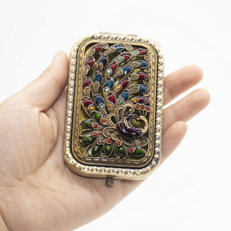 Warmtree Vintage Makeup Mirror Metal Portable Foldable Mirror Peacock Vanity Mirror Double Sided Compact Cosmetic Mirror Travel Mirror (B) - Image 2