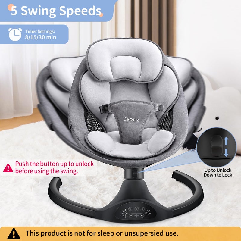 LAREX Baby Swing Infant Swing Electric Toddler Baby Rocker Portable for Newborn Boy Girl, 5 Sway Speeds with Remote Control, 10 Preset Melodies and Bluetooth, 0-6 Months Max 20 Lbs (Black) - Image 2