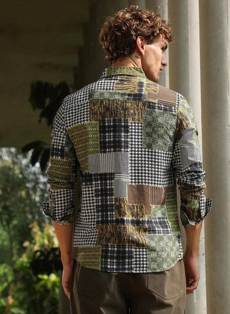 Campus Sutra Campus Sutra Men's Olive Green Houndstooth Block Shirt For Casual Wear | Spread Collar | Long Cuffed Sleeves | Button Closure | Shirt Crafted With Comfort Fit For Everyday Wear