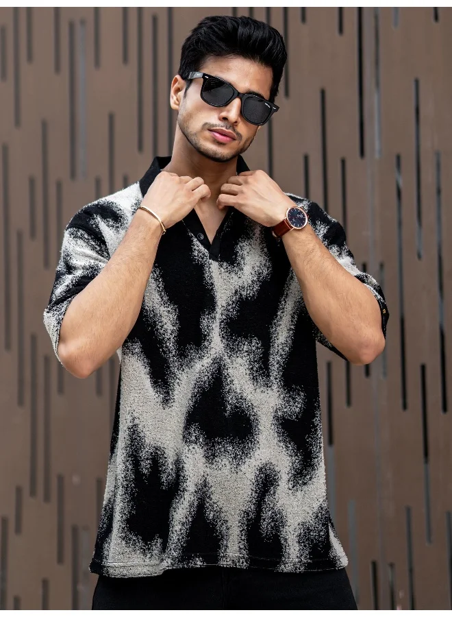 مانياك Mens Spray Art Polo Neck 3/4th Sleeve 3/4th Cotton T-Shirt