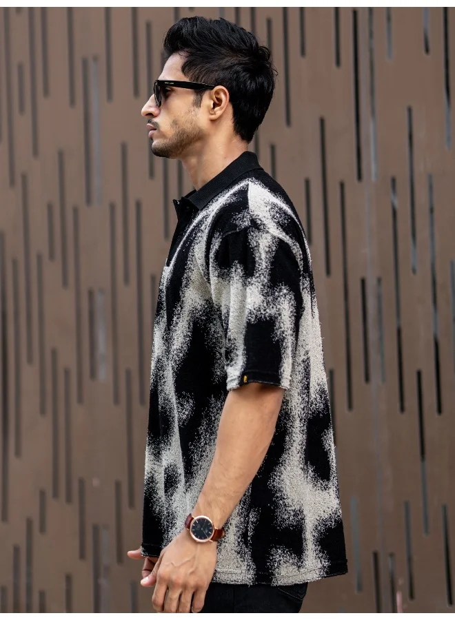 مانياك Mens Spray Art Polo Neck 3/4th Sleeve 3/4th Cotton T-Shirt
