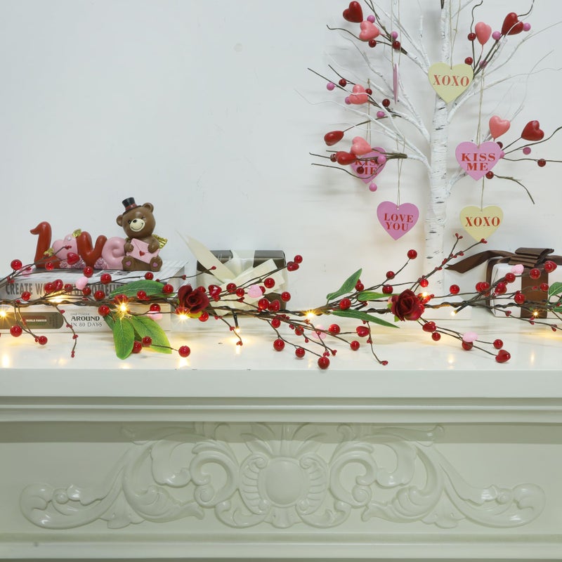 Dr.Dudu Valentines Day 6 Ft Garland With Lights  Twig Garland With Pink Heart Roses And Berry Valentines Decor For Home Mantel - Image 5
