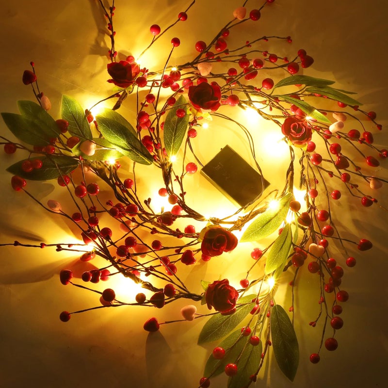 Dr.Dudu Valentines Day 6 Ft Garland With Lights  Twig Garland With Pink Heart Roses And Berry Valentines Decor For Home Mantel - Image 3
