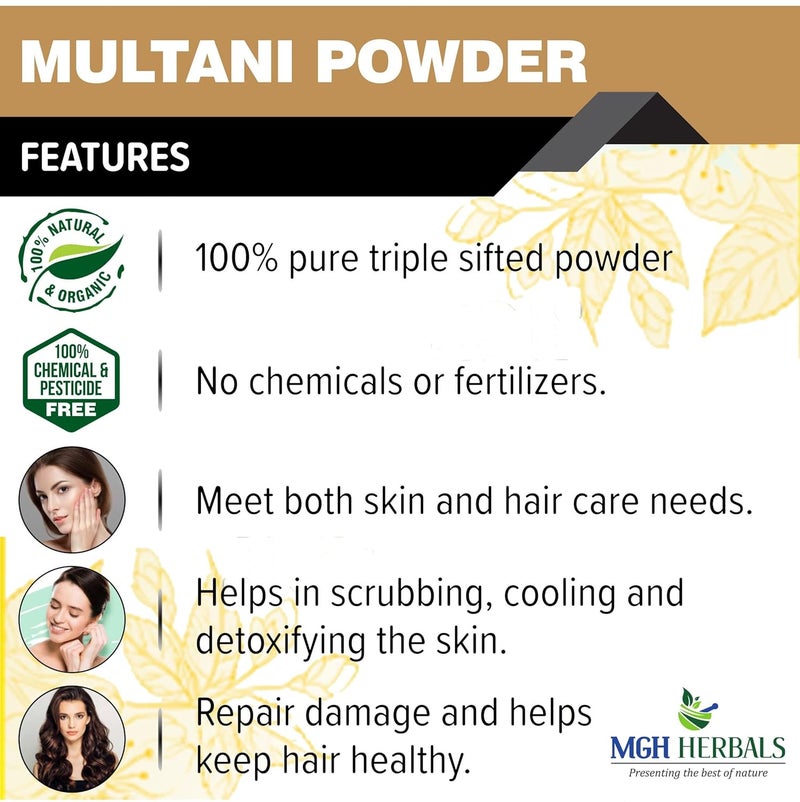 MGH Herbals MGH Herbals Multani Mitti Powder 200g For Black Head Removal Oil Control Naturally Glowing Skin Acne Pimples Tan Removal Dandruff Fullers Earth Face Pack Bentonite Clay Mask 200gm  - Image 2