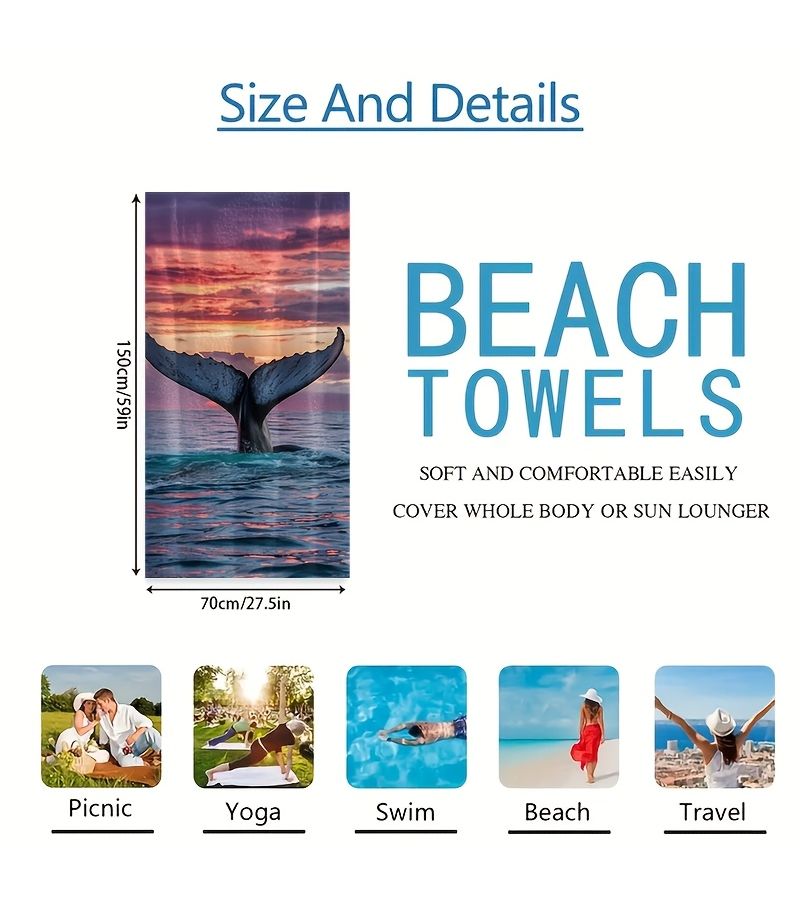 Sunset Whale Tail Beach Towel 27.5x59 Inch Quick Drying Absorbent Rectangular Towel for Summer Outdoor Travel Camping and Bathrooms - Image 3