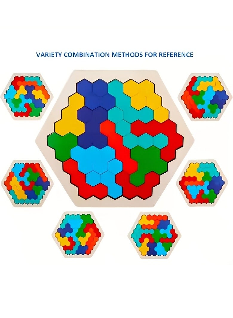 Hexagonal Wooden Geometric Puzzle Set - Educational Brain Teaser Toy for Kids and Adults, Perfect for Preschool IQ Development and Tangram Board Games, Boosts Geometric Logic Skills and STEM Learning - Image 2
