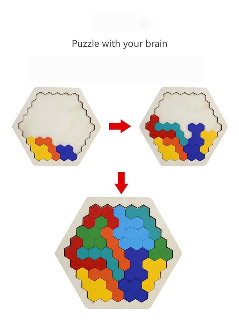 Hexagonal Wooden Geometric Puzzle Set - Educational Brain Teaser Toy for Kids and Adults, Perfect for Preschool IQ Development and Tangram Board Games, Boosts Geometric Logic Skills and STEM Learning - Image 3