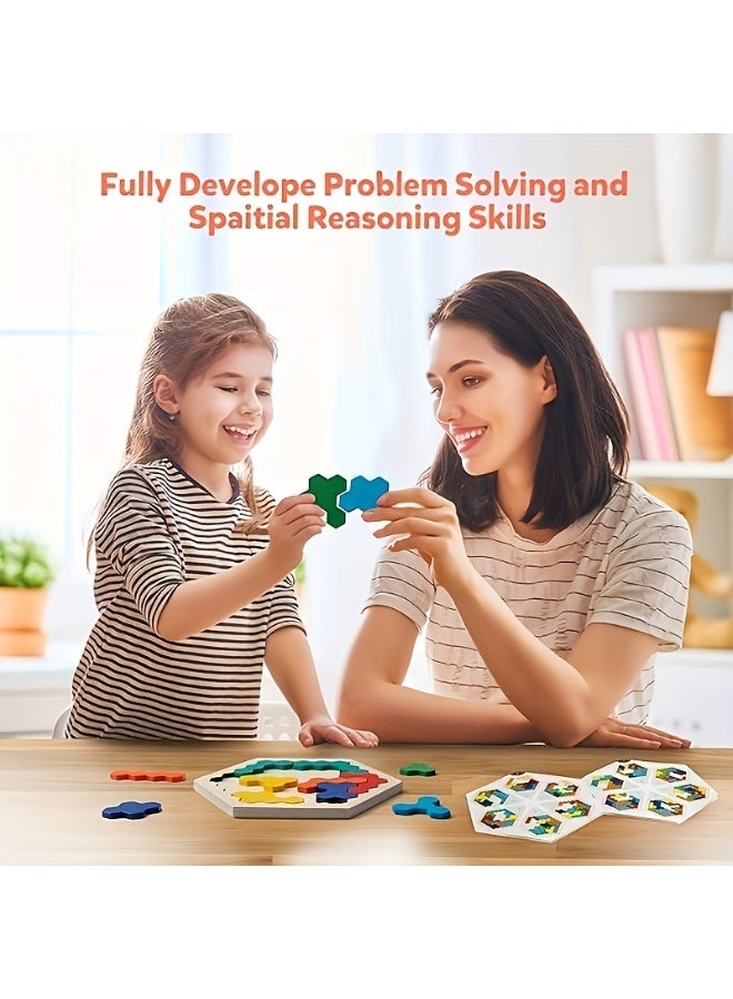 Hexagonal Wooden Geometric Puzzle Set - Educational Brain Teaser Toy for Kids and Adults, Perfect for Preschool IQ Development and Tangram Board Games, Boosts Geometric Logic Skills and STEM Learning - Image 4
