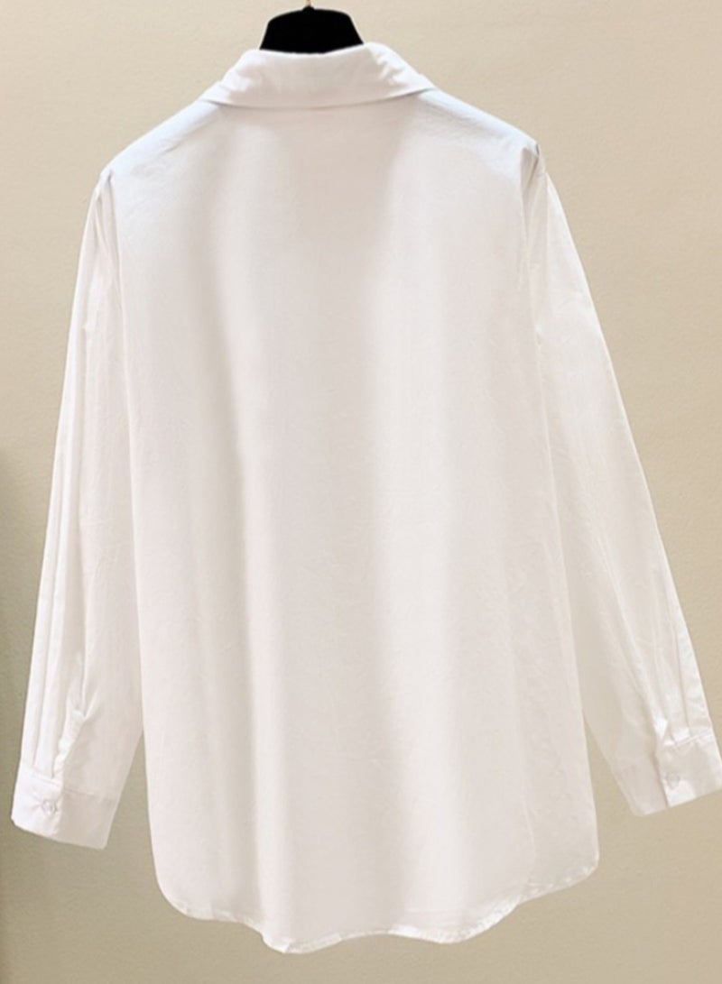 Women's long sleeved shirt top with pleated ribbon design and collar - Image 5