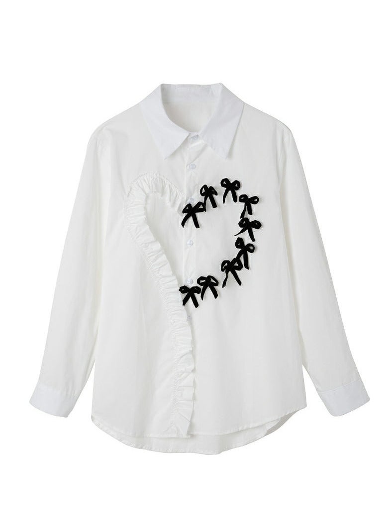 Women's long sleeved shirt top with pleated ribbon design and collar - Image 4