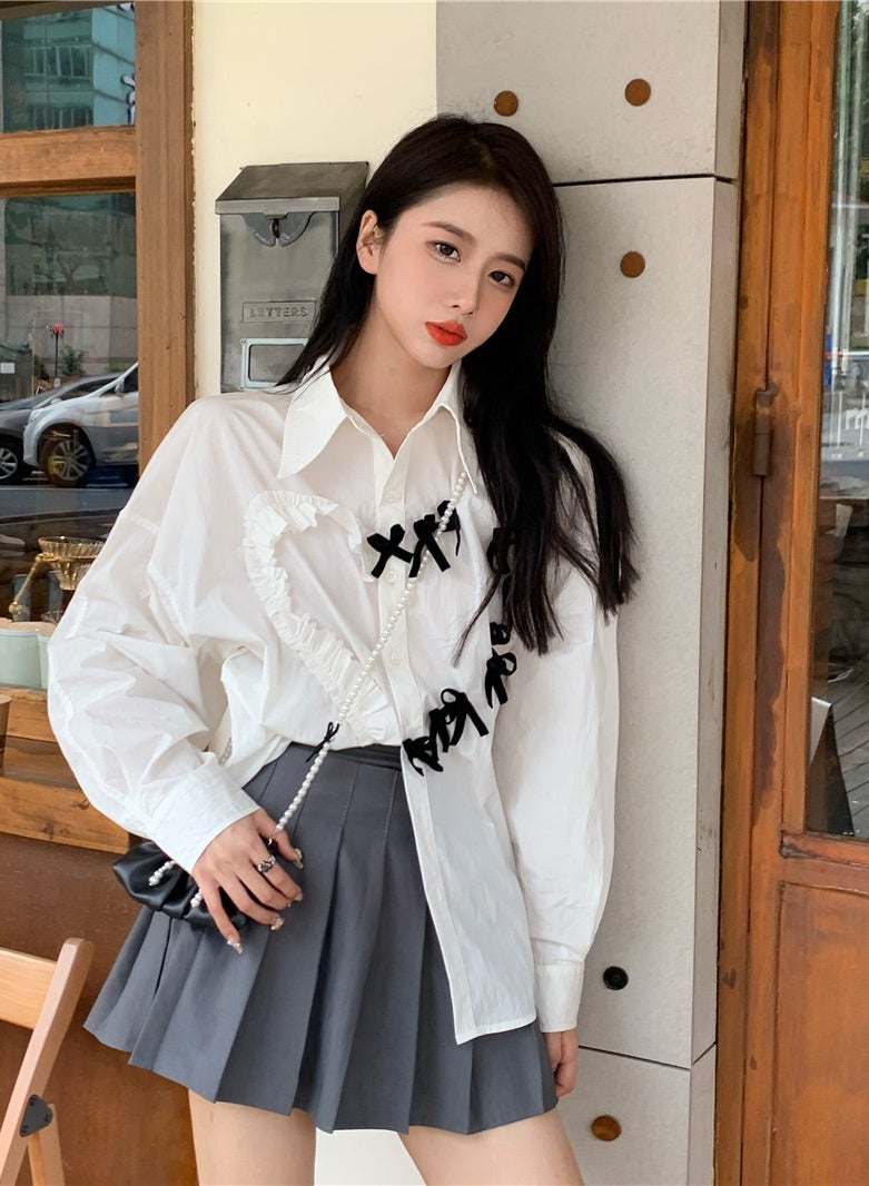 Women's long sleeved shirt top with pleated ribbon design and collar - Image 2
