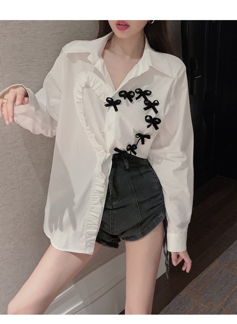 Women's long sleeved shirt top with pleated ribbon design and collar - Image 1