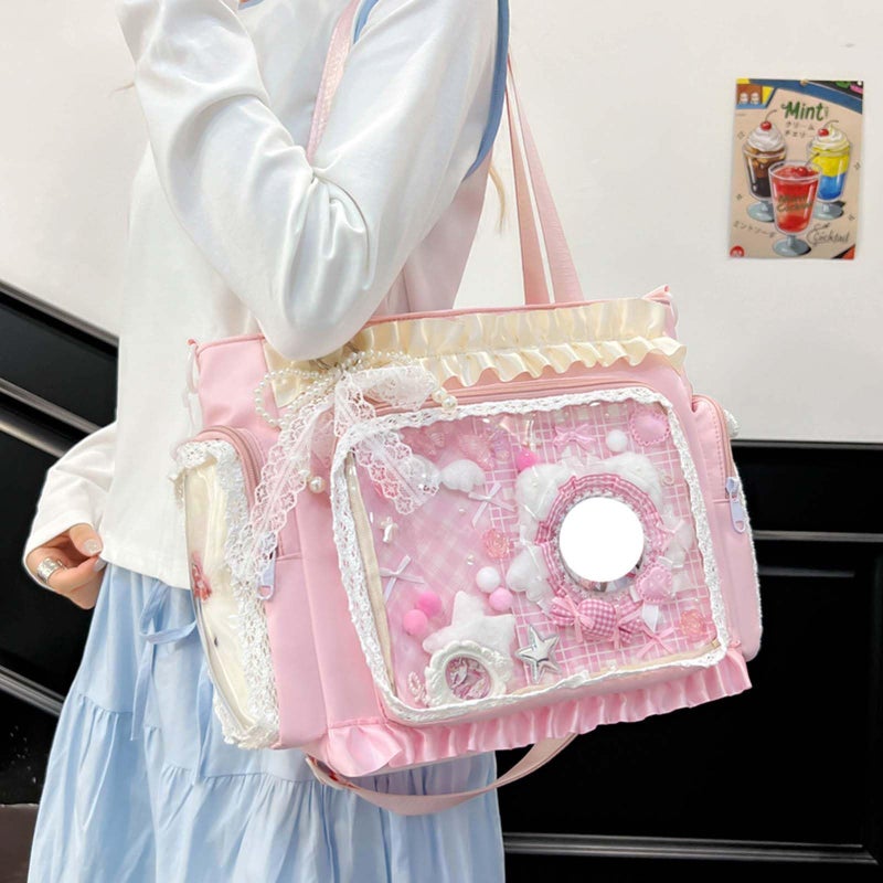 KeAiDMon Lace itabag ruffle Shoulder Purseï¼Œ Pin display bag with Insert Anime badge Display (pink) - Image 3