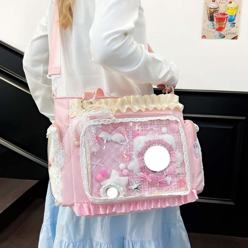 KeAiDMon Lace itabag ruffle Shoulder Purseï¼Œ Pin display bag with Insert Anime badge Display (pink) - Image 5