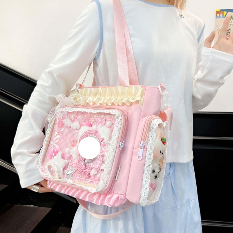 KeAiDMon Lace itabag ruffle Shoulder Purseï¼Œ Pin display bag with Insert Anime badge Display (pink) - Image 4
