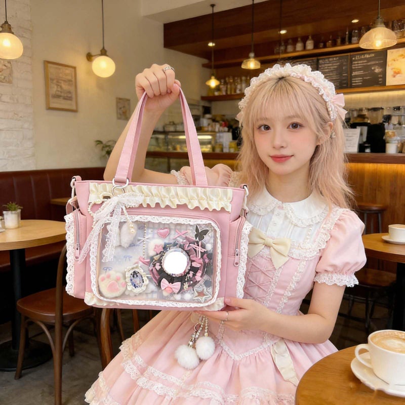 KeAiDMon Lace itabag ruffle Shoulder Purseï¼Œ Pin display bag with Insert Anime badge Display (pink) - Image 2