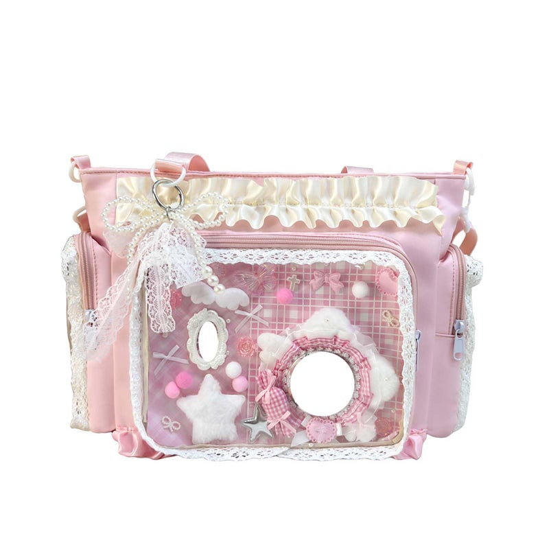 KeAiDMon Lace itabag ruffle Shoulder Purseï¼Œ Pin display bag with Insert Anime badge Display (pink) - Image 1