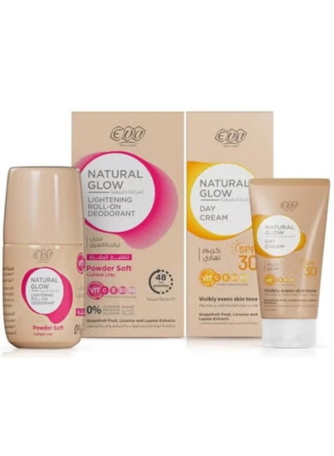 إيفا كريم النهار ناتشورال جلو سكين كير  بمعامل الحماية من الشمس 50 جرام + سكين كير اشراقه طبيعيه رول اون مزيل لرائحه العرق لتفتيح البشره باودر سوفت 60 جرام - Image 1