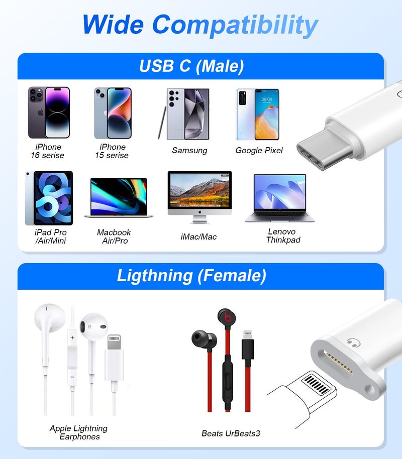 Denlane محول دينلاين لايتنينغ إلى USB C للصوت لسماعات الرأس يدعم التحكم في الخط، 2 حزمة محول USB-C ذكر إلى لايتنينغ أنثى لسماعات الأذن، غير مخصص للشحن/نقل البيانات، USB-C لهواتف آبل آيفون 17 16 15/آيباد - Image 4