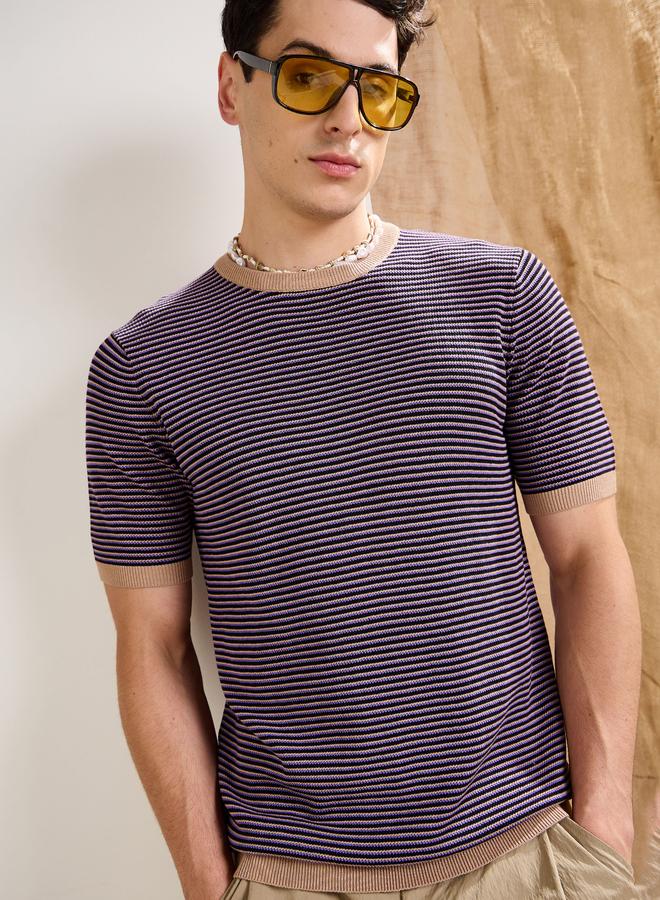 SASSAFRAS Purple and Black Striped Premium Knit T-Shirt - Image 2
