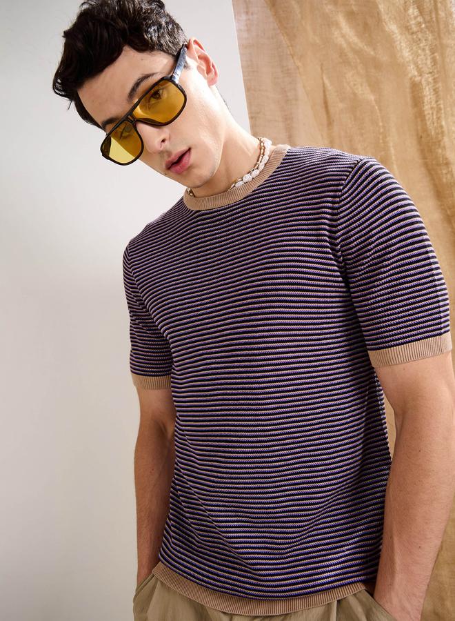 SASSAFRAS Purple and Black Striped Premium Knit T-Shirt - Image 1