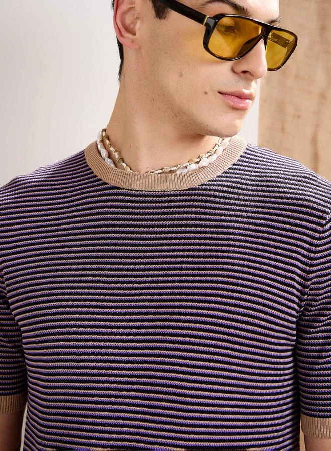 SASSAFRAS Purple and Black Striped Premium Knit T-Shirt