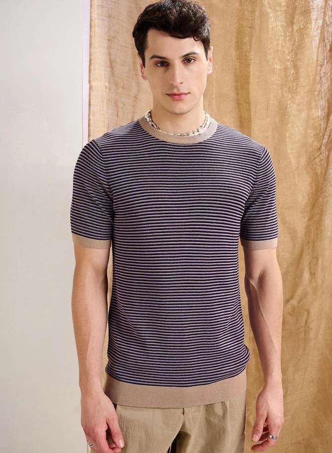 SASSAFRAS Purple and Black Striped Premium Knit T-Shirt