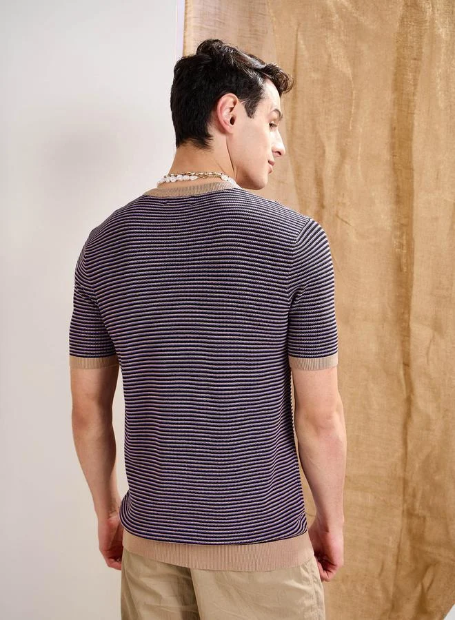 SASSAFRAS Purple and Black Striped Premium Knit T-Shirt