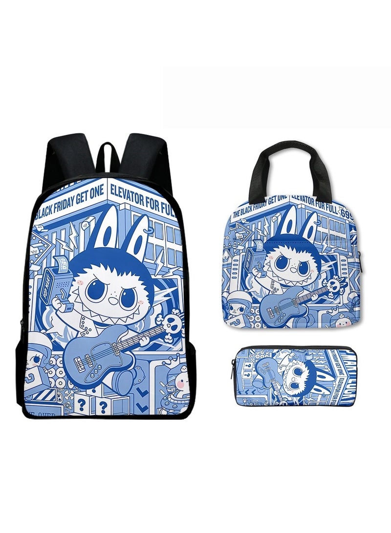 لابوبو حقيبة ظهر لابوبو الابتدائية، بتصميم كرتوني، مقاس 40*30*13 سم، حقيبة غداء مقاس 21*20*11.5 سم، حقيبة أقلام مقاس 22*11*5 سم، طقم من ثلاث قطع. - Image 1