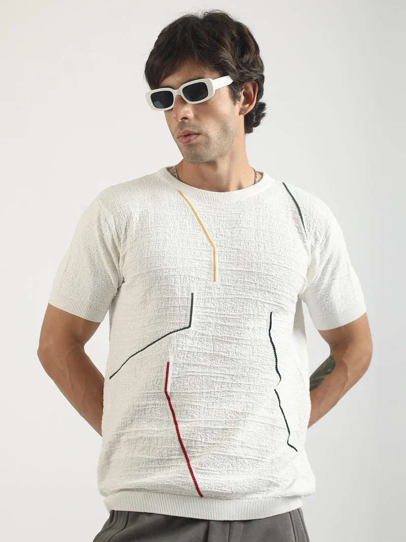 Maniac Maniac Mens Textured Half Slevee Polo Neck White Cotton Polo T-Shirt