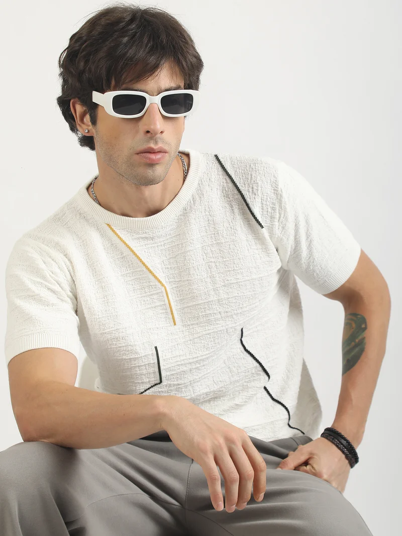 Maniac Maniac Mens Textured Half Slevee Polo Neck White Cotton Polo T-Shirt