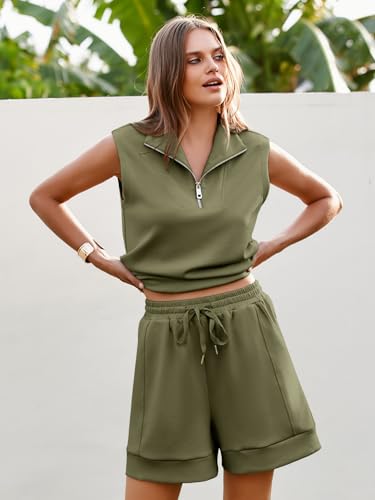 Glamaker Women's 2 Piece Outfits Airport Lounge Shorts Set 2025 Athletic Pullover Sweatsuits Spring Tracksuits(Olive Green,Medium) - Image 2