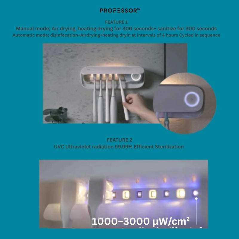 Professor معقم فرشاة الأسنان UVC وحامل التعقيم | 4000mAh قابل لإعادة الشحن | حامل فرشاة أسنان مثبت على الحائط بسعة 5 فتحات لجميع أنواع فرش الأسنان | يقضي على 99.99% من البكتيريا - معتمد من يوروفينز | معتمد من CE - Image 4