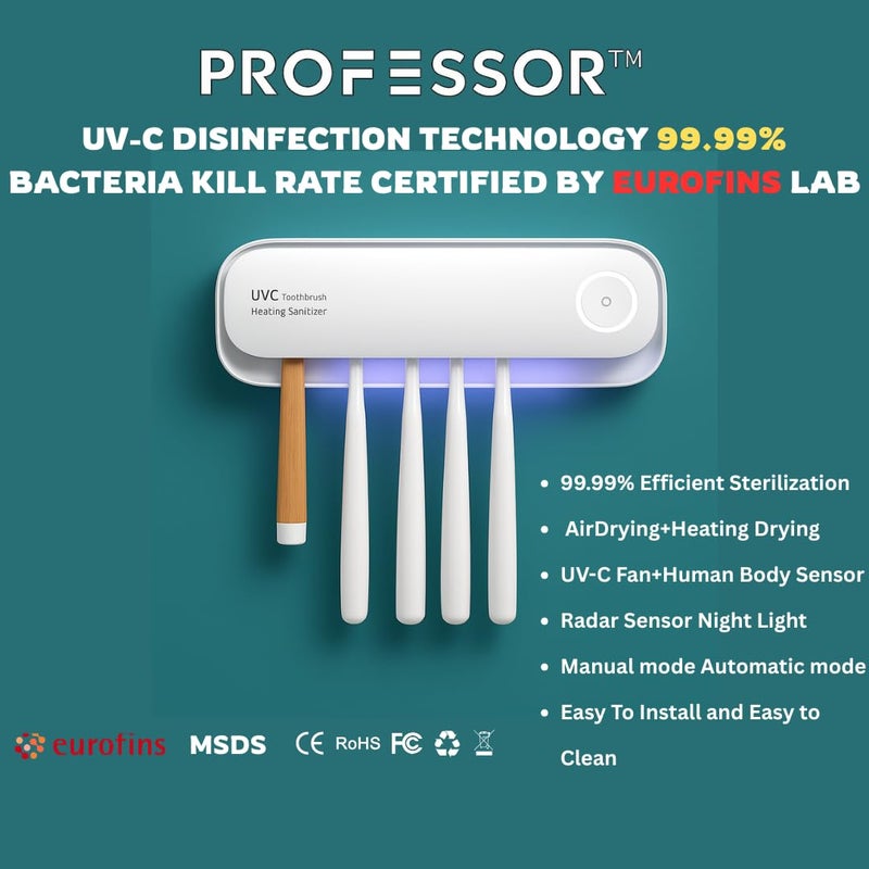 Professor معقم فرشاة الأسنان UVC وحامل التعقيم | 4000mAh قابل لإعادة الشحن | حامل فرشاة أسنان مثبت على الحائط بسعة 5 فتحات لجميع أنواع فرش الأسنان | يقضي على 99.99% من البكتيريا - معتمد من يوروفينز | معتمد من CE - Image 2