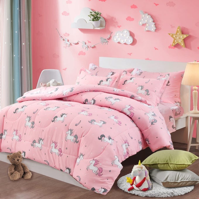 BED IN A BAG 6 PIECES TWIN SIZE UNICORN PINK WITH RAINBOW STAR SOFT MICROFIBER REVERSIBLE BED COMFORTER SET 1 COMFORTER 2 PILLOW SHAMS 1 FLAT SHEET 1 FITTED SHEET 1 PILLOWCASES