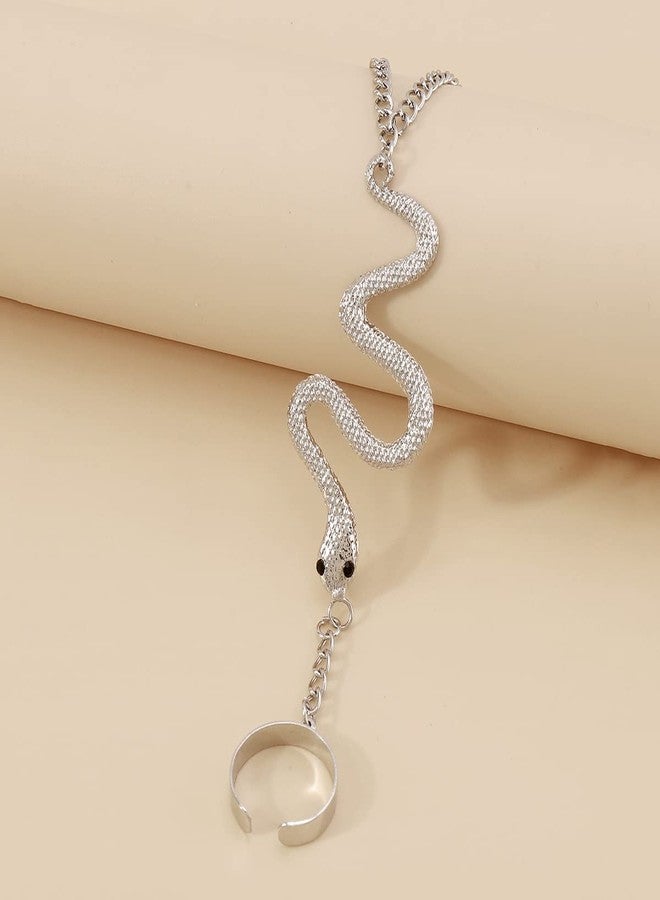 Jumwrit Boho Snake Finger Ring Bracelet Dainty Hand Chain Harness Halloween Bracelet with Open Band Ring for Women(Silver) - Image 5