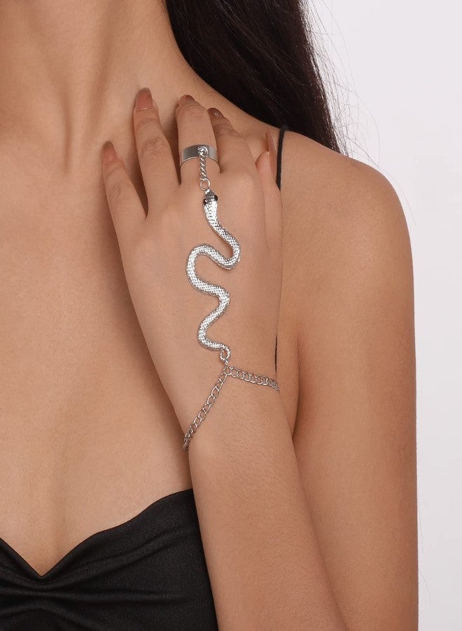 Jumwrit Boho Snake Finger Ring Bracelet Dainty Hand Chain Harness Halloween Bracelet with Open Band Ring for Women(Silver) - Image 2