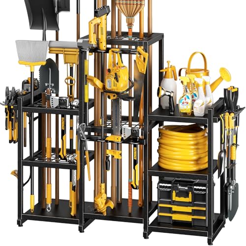 POKIPO 42" H Large Garden Tool Organizer, Holds Up to 86 Tools, Heavy Duty Yard Tool Organizer for Garage, 61“ Wide Lawn Freestanding Tool Storage Rack for Outdoor Shed Tool Rake, Shovel, Brooms - Image 1