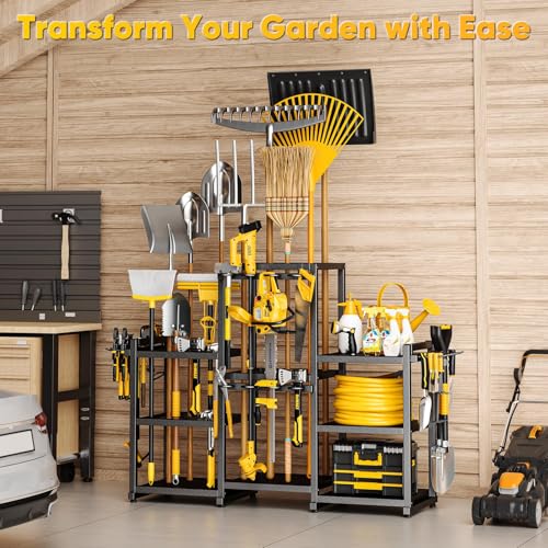 POKIPO 42" H Large Garden Tool Organizer, Holds Up to 86 Tools, Heavy Duty Yard Tool Organizer for Garage, 61“ Wide Lawn Freestanding Tool Storage Rack for Outdoor Shed Tool Rake, Shovel, Brooms - Image 5