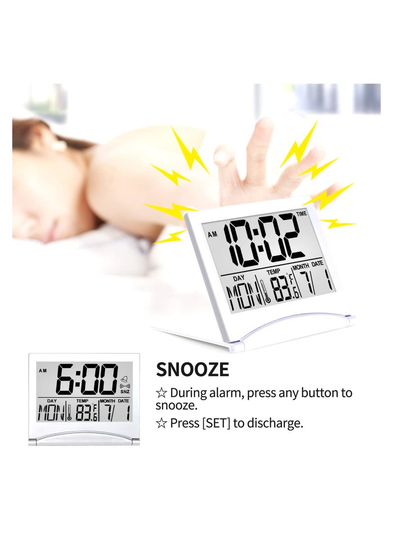 SYOSI Digital Travel Alarm Clock, 2 Pcs Foldable Calendar Temperature Timer LCD Clock with Snooze Mode, Large Number Display, Battery Operated, Compact Desk Clock for All Ages (Silver) - Image 4