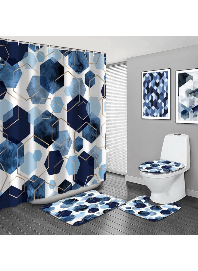 LQCOOL 4Pcs Blue Bathroom Set Geometric Shower Curtain Set Modern Art Navy Blue Abstract Bathroom Curtain Set with 12 Hooks, Bathroom Carpet Bath Mat and Toilet Rugs - Image 1