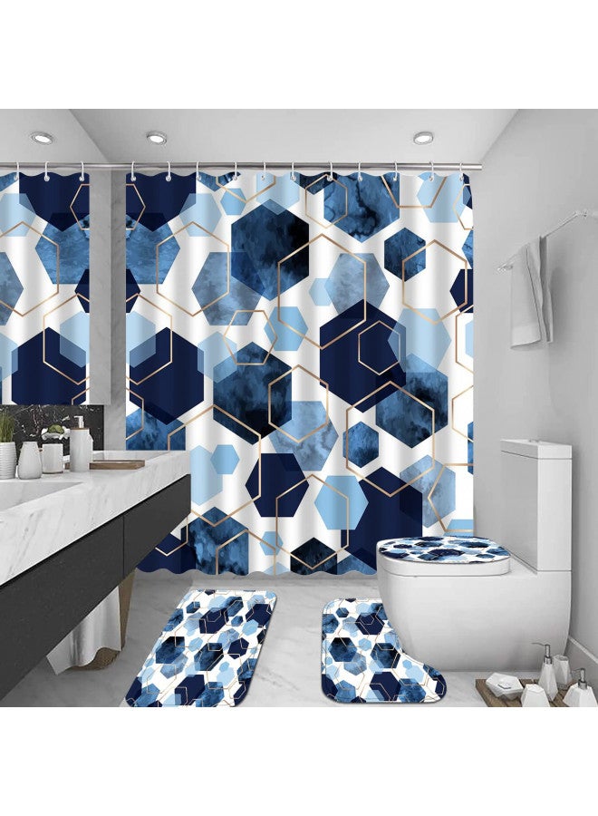 LQCOOL 4Pcs Blue Bathroom Set Geometric Shower Curtain Set Modern Art Navy Blue Abstract Bathroom Curtain Set with 12 Hooks, Bathroom Carpet Bath Mat and Toilet Rugs - Image 3